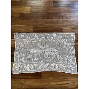 Large Mary Card WOODLAND Deer Filet Crochet Table Runner Ecru 25”*38”